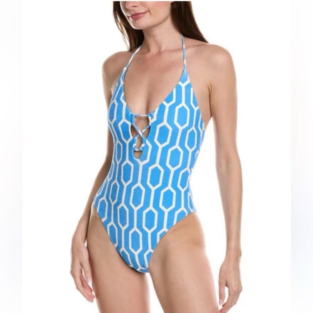 Splendid Blue and White Geometric One Piece Swimsuit